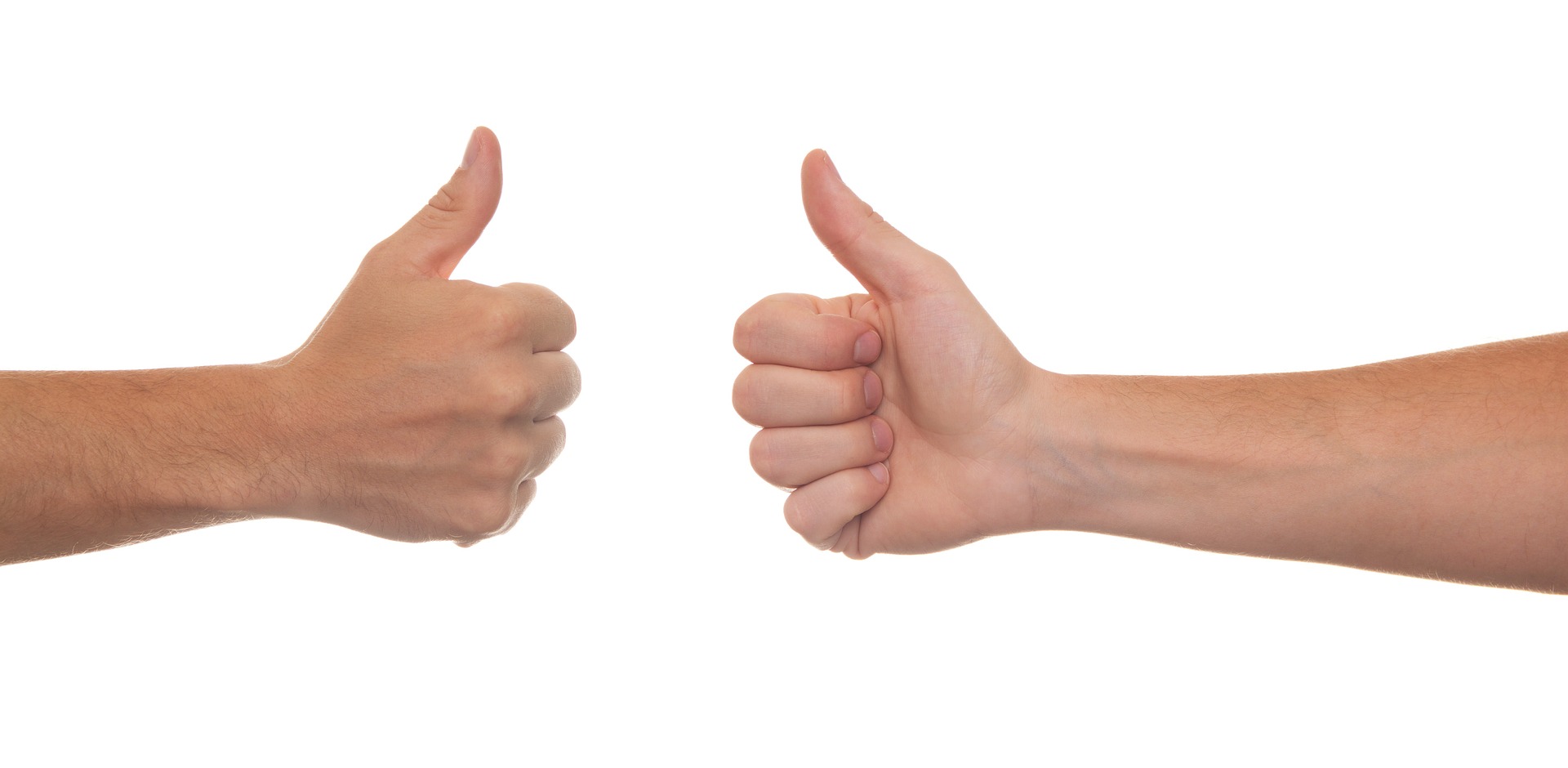 Photo; White background; On the left is a light-skinned hand showing a thumb up. On the right is also a light-skinned hand also showing a thumb up. The two thumbs point towards each other.
