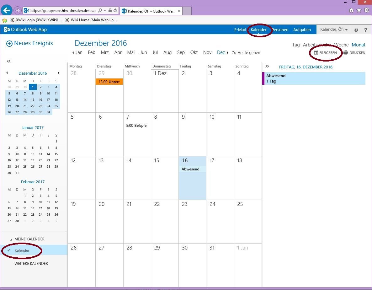Screenshot OWA calendar