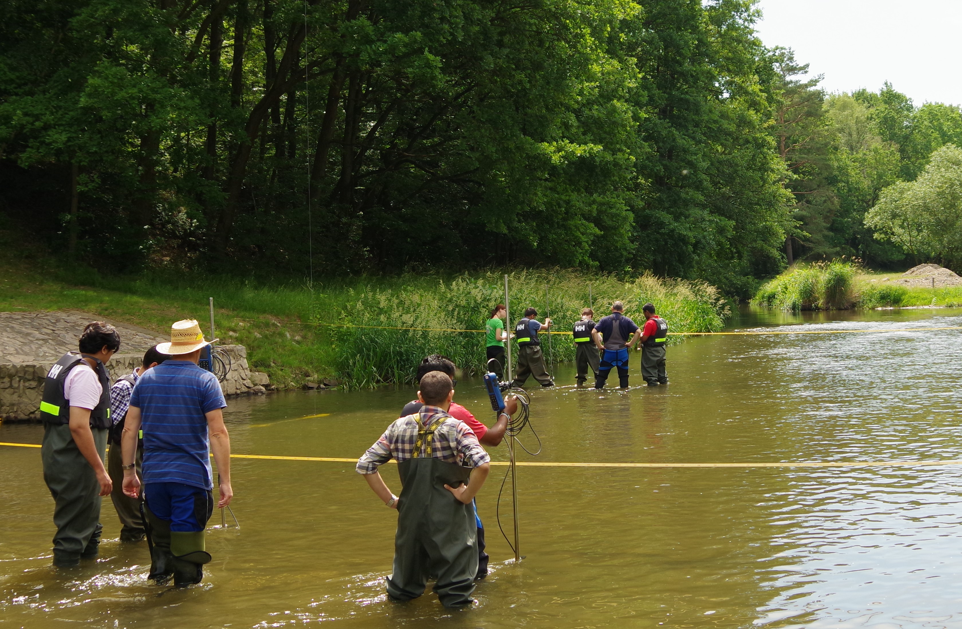 River flow gauging with students in the River Mulde