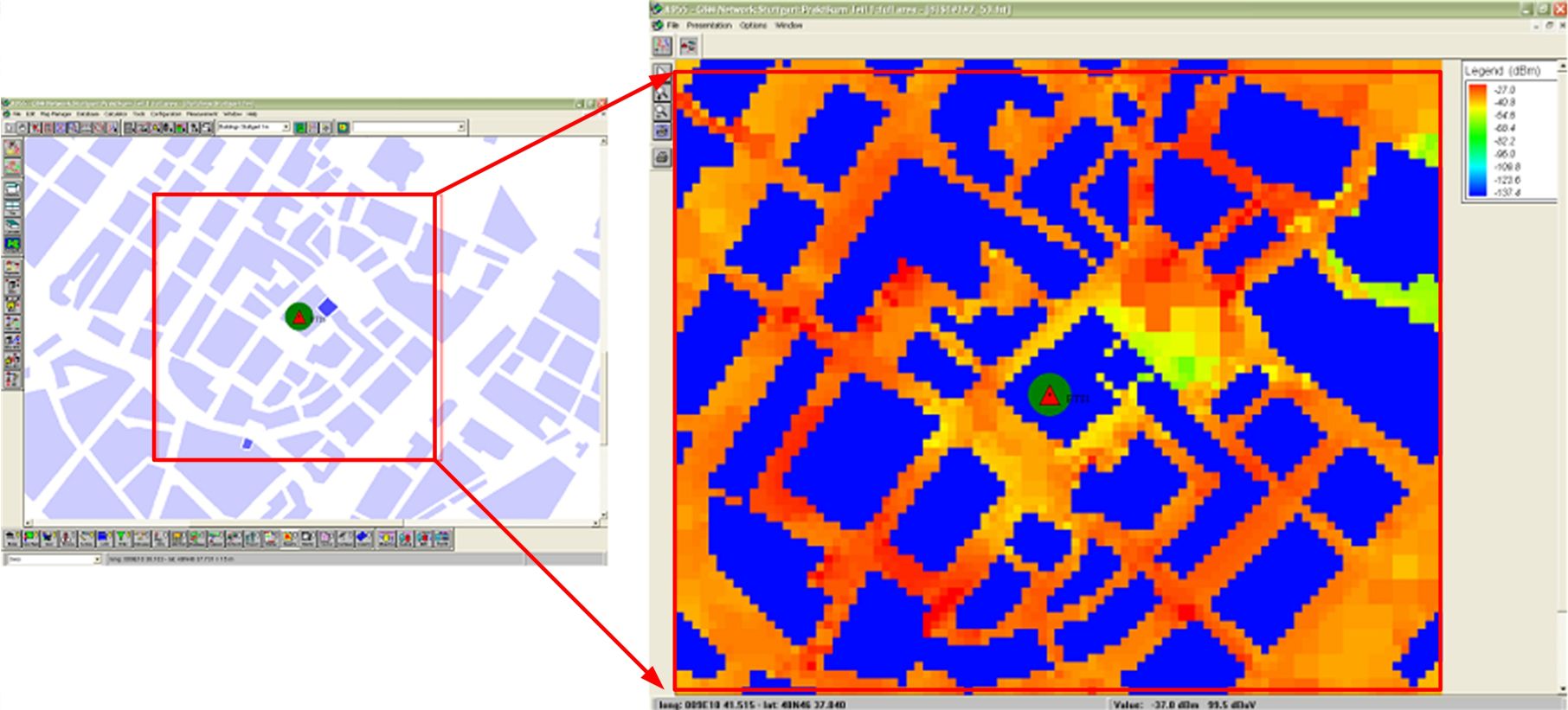 Programmfenster mit Gebäudedatenbank (links) / Berechnete Feldstärke (rechts)