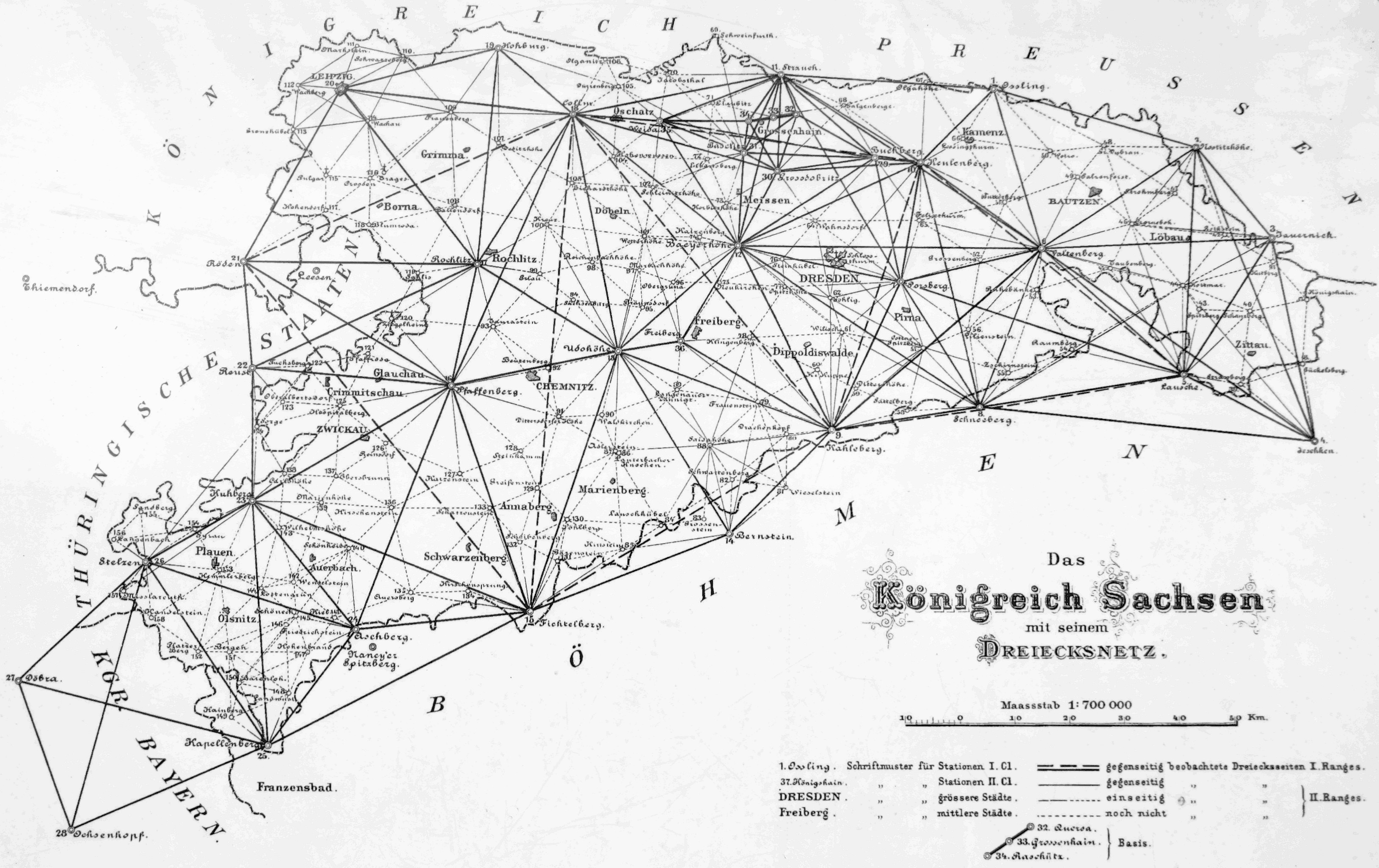 Sächsisches Triangulationsnetz von 1890 mit allen 158 Stationen