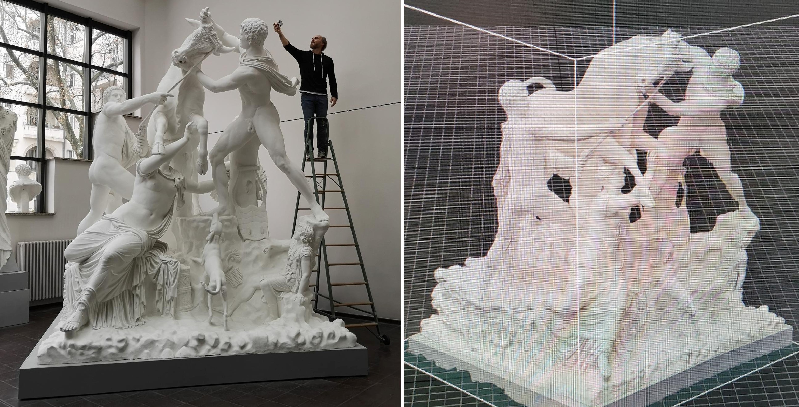 Linke Bildhälfte: eine etwa 3 Meter hohe weiße Skulptur. 2 Männer und eine Frau, die mit einem Stier ringen. Daneben Prof.. Block-Berlitz auf einer Leiter, der von schräg oben ein Bild macht. Rechte Bildhälfte: digitales Abbild der Skulptur