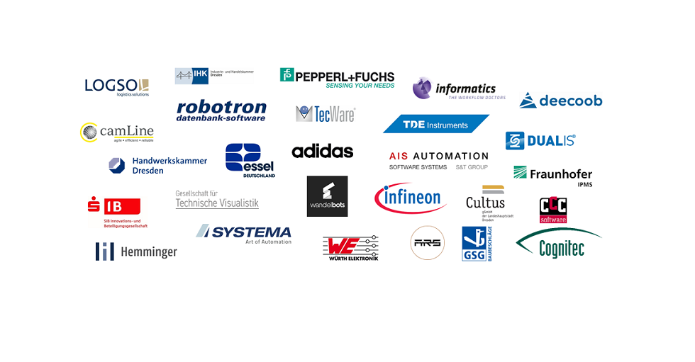Logos unserer Partner in Forschung und Entwicklung, u.a. Infineon Dresden, X-Fab, adidas, Technische Sammlung, Tecware