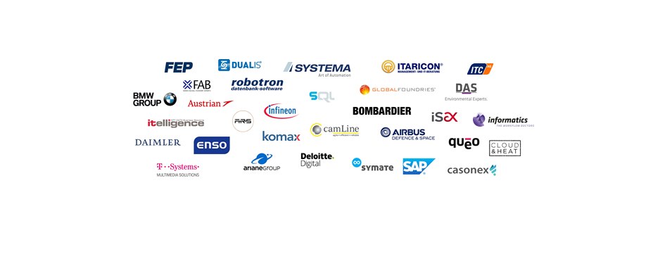 Logos unserer Partner in Lehre und Studium, u.a. BMW, Daimler, Enso, SAP