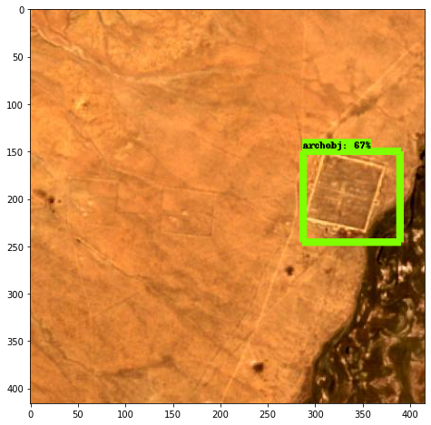 Image showing a satellite image of a large, historic rampart. The rampart is outlined in green and labelled "archobj: 67%".