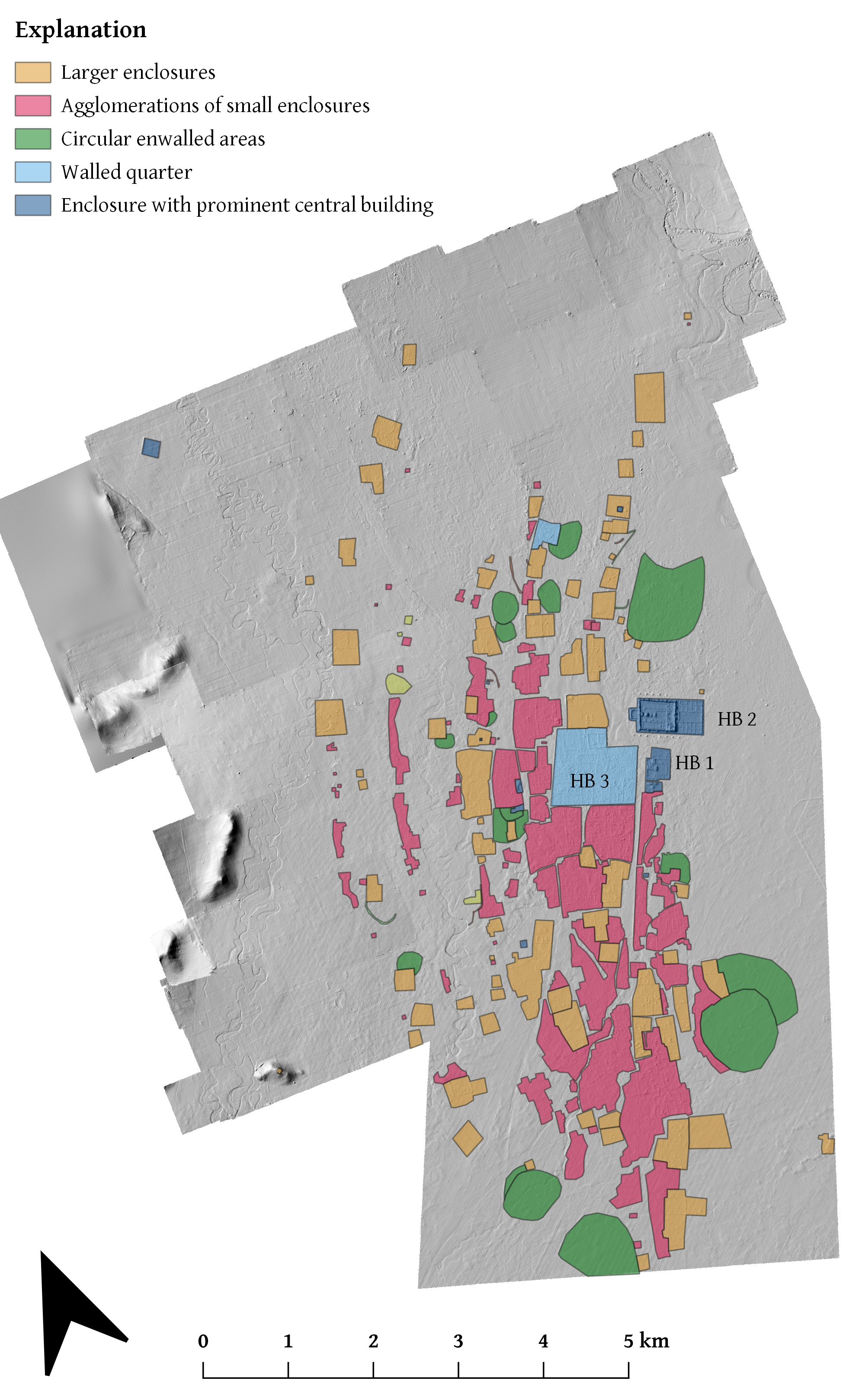 Abbildung, die das digitale Geländemodell der Stadtanlage Karabalgasun zeigt. Darauf sind zahlreiche Stadtbezirke farblich hervorgehoben.