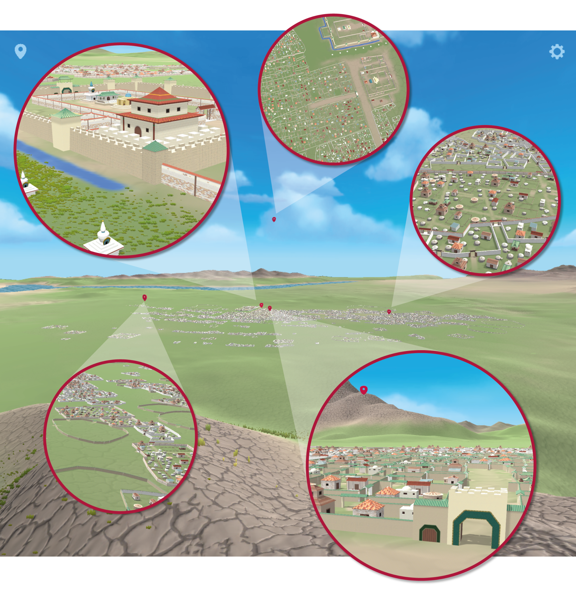 Die Abbildung zeigt das dreidimensionale Stadtmodell aus der Ferne in einer weitn Steppenlandschaft. Vergrößerte Details zeigen Ansichten einzelner Stadtviertel, Gebäude, Mauern und Tore.