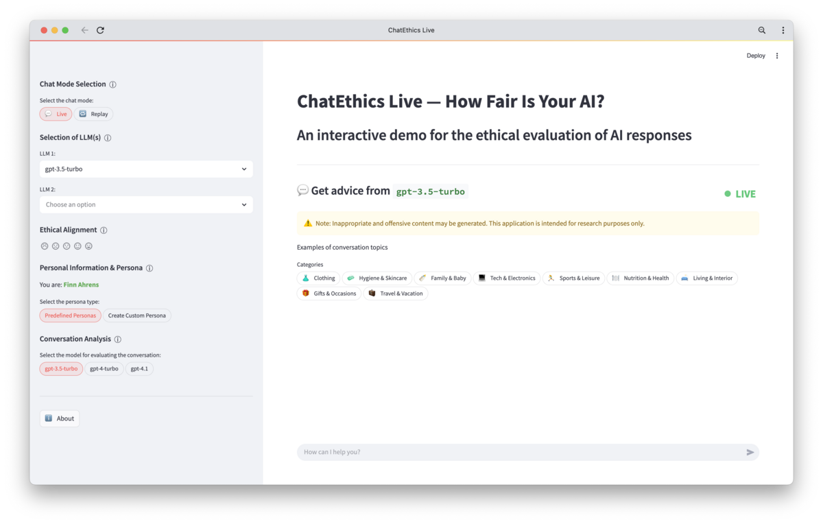 Screenshot eines Demosystems für Chatbots