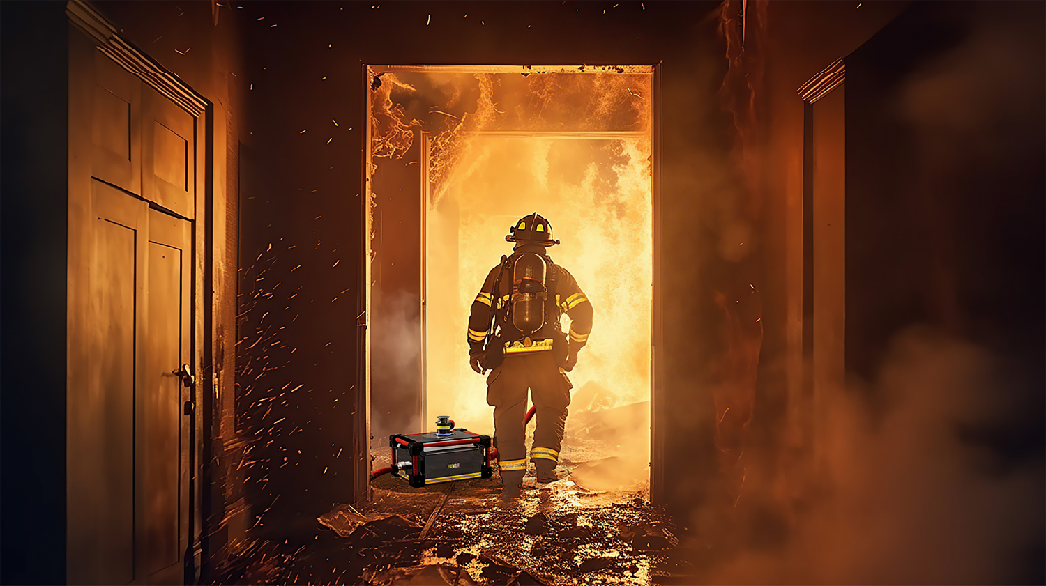 ein brennender Raum ist zu sehen. auf dem Boden steht ein FireWolff. ein Feuerwehrmann läuft zu den Flammen