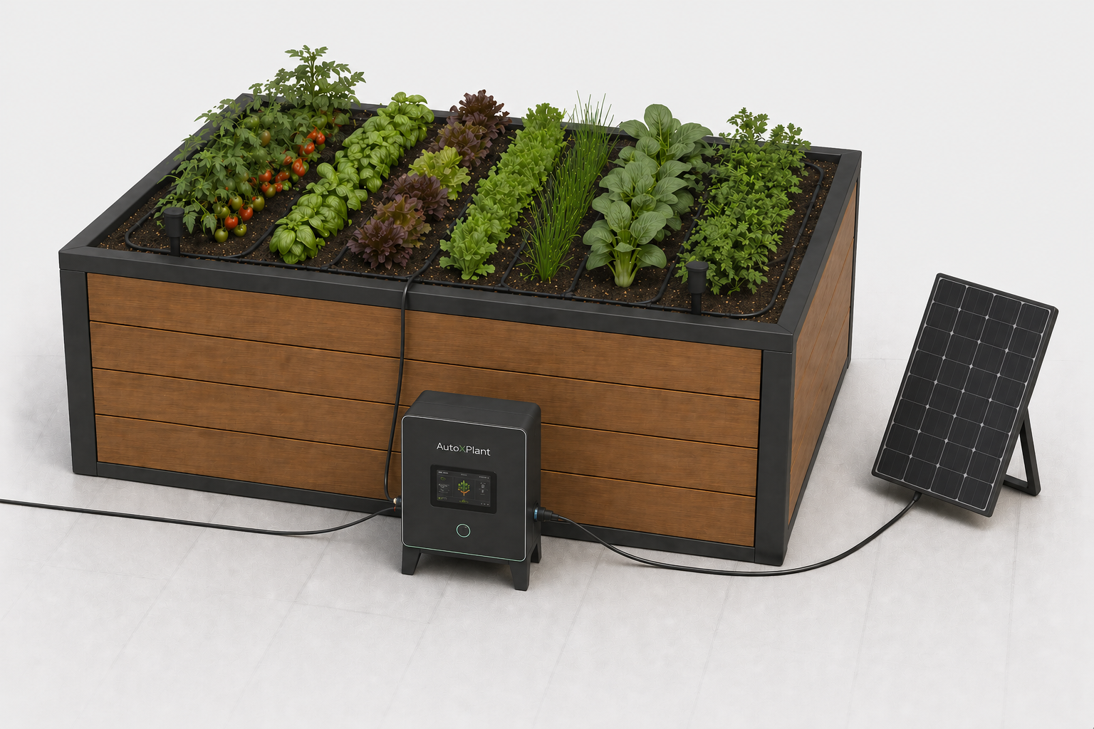 Auf dem Bild ist ein Hochbeet mit AutoXPlant Ausrüstung zu sehen