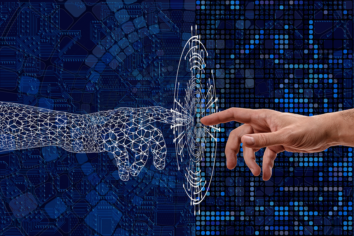 eine reale Hand berührt eine grafische Hand aus Splines