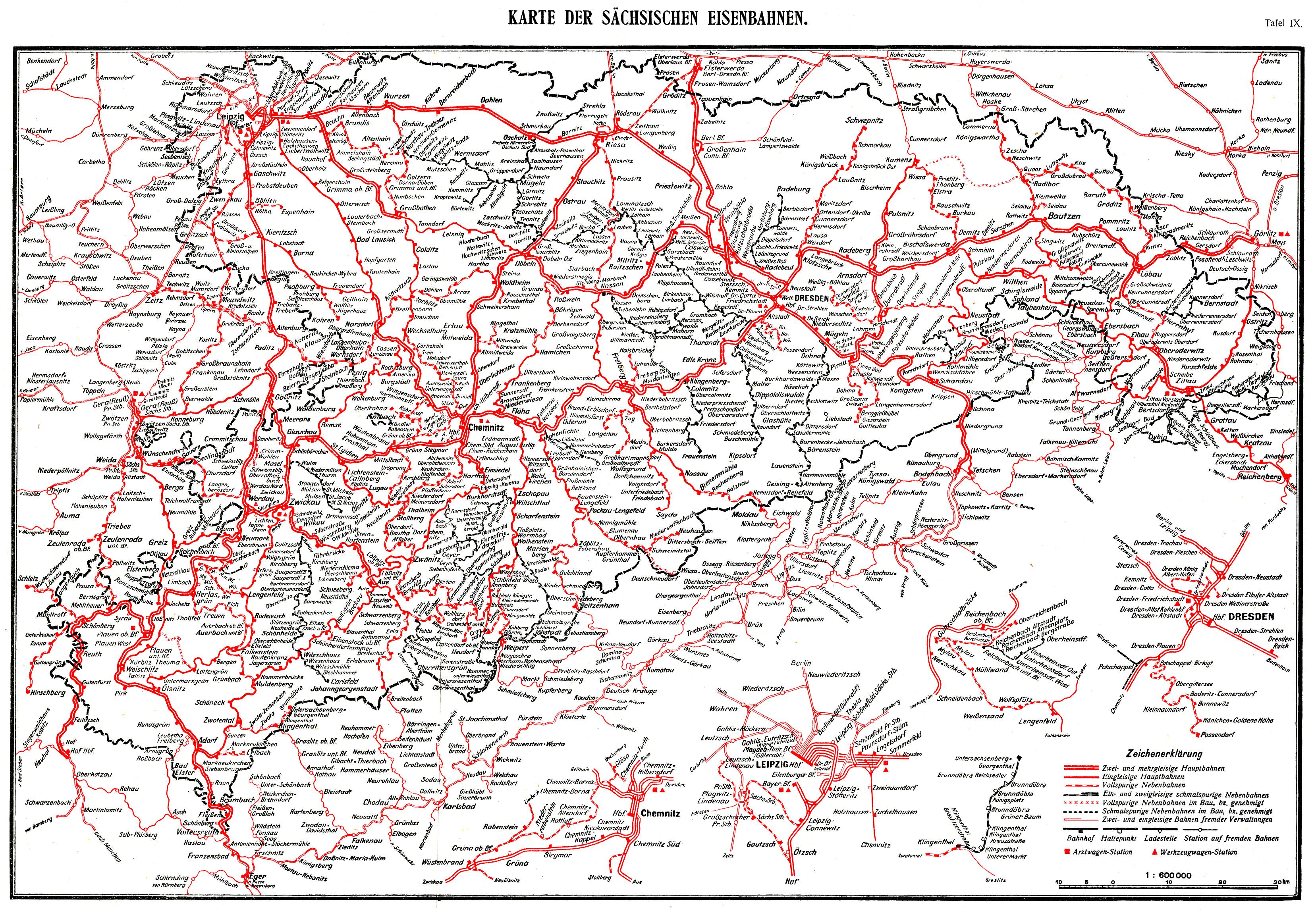 Ein Ausschnitt des historischen Schiennetzes von Sachsen