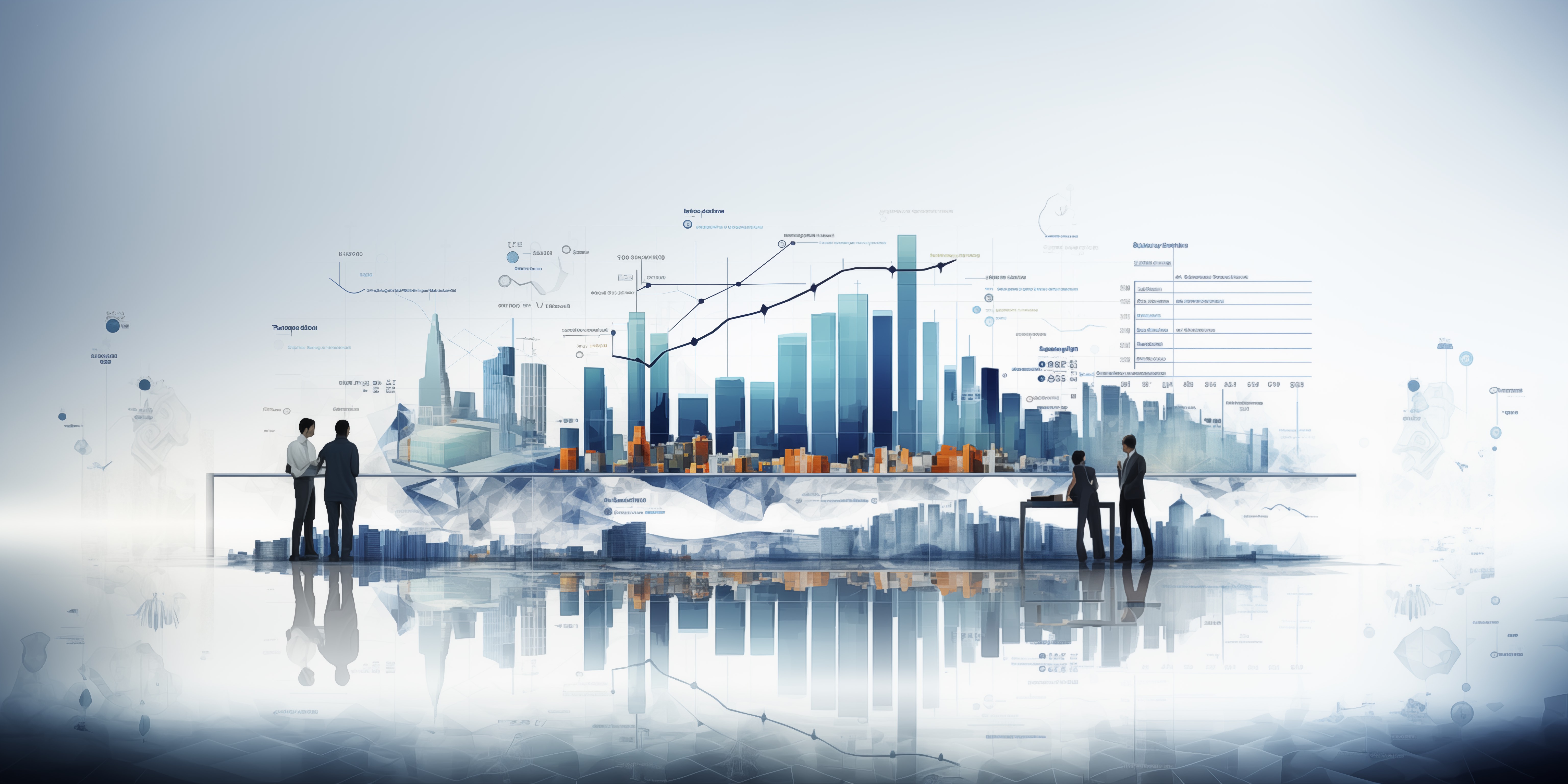 Eine futuristische durch KI erzeugte Szene mit einer Skyline als abstraktes Balkendiagramm im Hintergrund und einigen kleinen Personen davor.