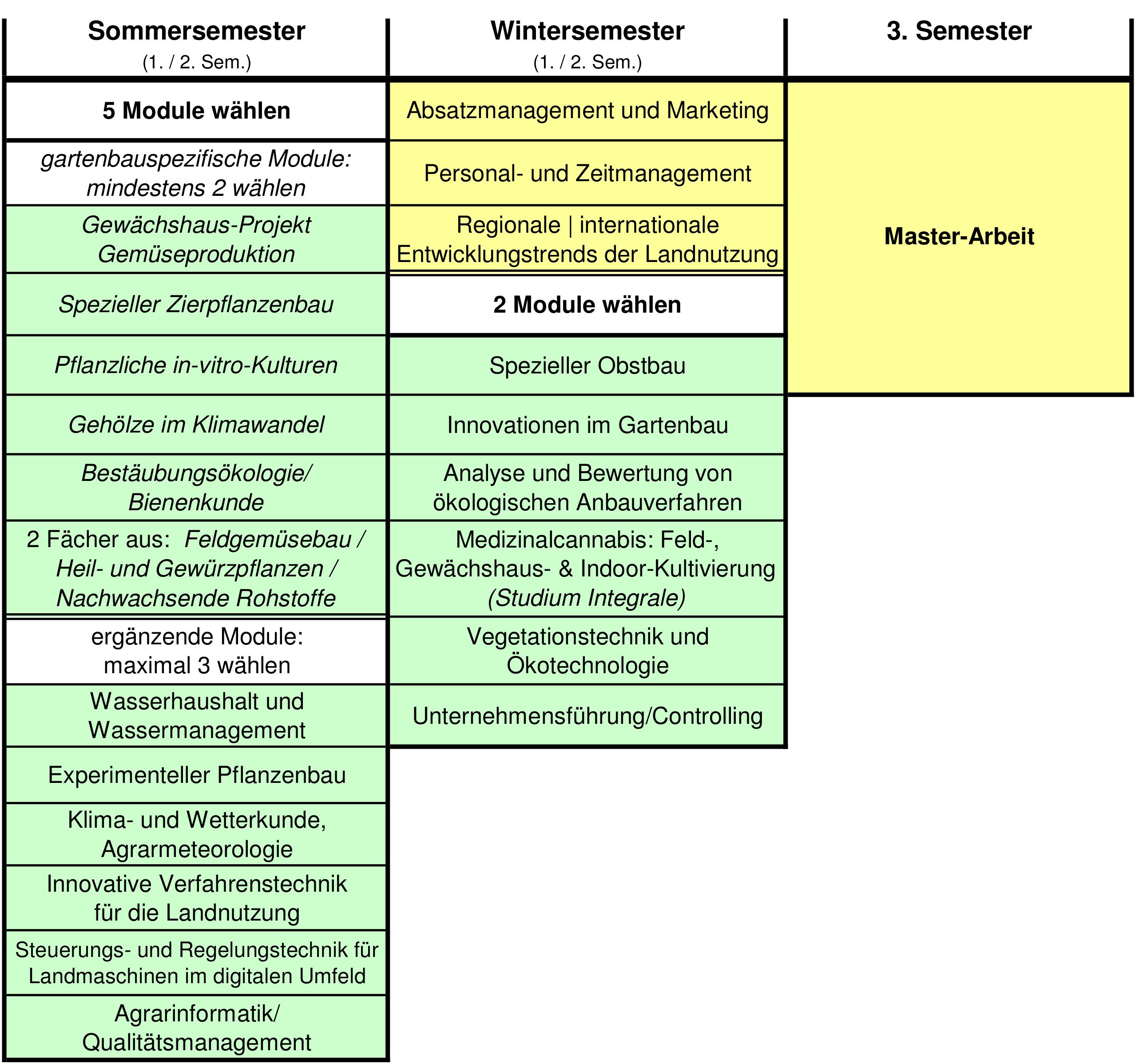 Sommersemester - 1. oder 2. Semester: 5 aus 12 Wahlpflichtmodulen wählen. Mindestens 2 der folgenden gartenbauspezifischen Module: Bestäubungsökologie/Bienenkunde, Gewächshaus-Projekt Gemüseproduktion, Spezieller Zierpflanzenbau, Pflanzliche In-vitro-Kulturen, Gehölze im Klimawandel, 2 Fächer aus Heil- und Gewürzpflanzen / Nachwachsende Rohstoffe / Feldgemüsebau. Maximal 3 der folgenden ergänzenden Module: Wasserhaushalt und Wassermanagement, Klima- und Wetterkunde/Agrarmeteorologie, Innovative Verfahrenstechnik für die Landnutzung, Steuerungs- und Regelungstechnik für Landmaschinen im digitalen Umfeld, Experimenteller Pflanzenbau, Agrarinformatik/Qualitätsmanagement. Wintersemester - 1. oder 2. Semester: Absatzmanagement und Marketing, Personal- und Zeitmanagement, Regionale und internationale Entwicklungstrends in der Landnutzung - Wahlpflichtmodule (2 wählen): Spezieller Obstbau, Innovationen im Gartenbau, Medizinalcannabis – Feld-, Gewächshaus- und Indoor-Kultivierung (Studium Integrale), Analyse und Bewertung von ökologischen Anbauverfahren, Unternehmensführung/Controlling, Vegetationstechnik und Ökotechnologie. 3. Semester: Master-Arbeit.