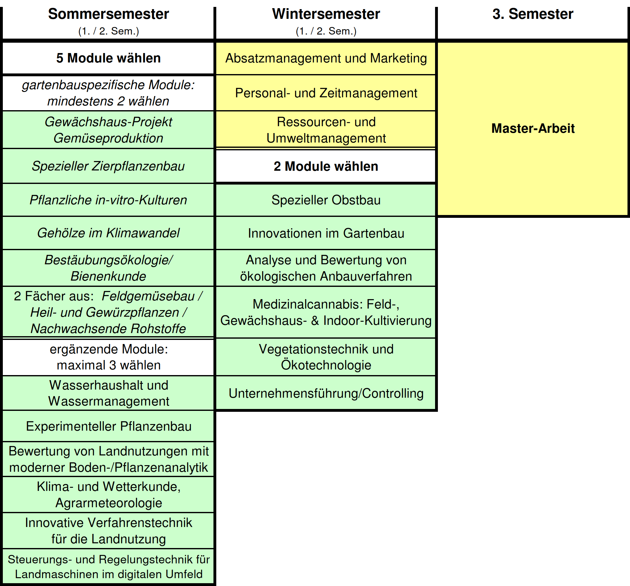 Sommersemester - 1. oder 2. Semester: 5 aus 12 Wahlpflichtmodulen wählen. Mindestens 2 der folgenden gartenbauspezifischen Module: Bestäubungsökologie/Bienenkunde, Gewächshaus-Projekt Gemüseproduktion, Spezieller Zierpflanzenbau, Pflanzliche In-vitro-Kulturen, Gehölze im Klimawandel, 2 Fächer aus Heil- und Gewürzpflanzen / Nachwachsende Rohstoffe / Feldgemüsebau. Maximal 3 der folgenden ergänzenden Module: Wasserhaushalt und Wassermanagement, Klima- und Wetterkunde/Agrarmeteorologie, Innovative Verfahrenstechnik für die Landnutzung, Steuerungs- und Regelungstechnik für Landmaschinen im digitalen Umfeld, Experimenteller Pflanzenbau, Bewertung von Landnutzungen mit moderner Boden- und Pflanzenanalytik. Wintersemester - 1. oder 2. Semester: Absatzmanagement und Marketing, Personal- und Zeitmanagement, Ressourcen- und Umweltmanagement. Wahlpflichtmodule (2 wählen): Spezieller Obstbau, Innovationen im Gartenbau, Medizinalcannabis – Feld-, Gewächshaus- und Indoor-Kultivierung, Analyse und Bewertung von ökologischen Anbauverfahren, Unternehmensführung/Controlling, Vegetationstechnik und Ökotechnologie. 3. Semester: Master-Arbeit.