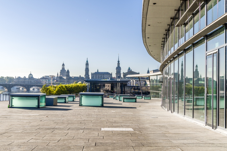 View from the terrace of the International Congress Center over the Elbe. The old town of Dresden can be seen in the background.