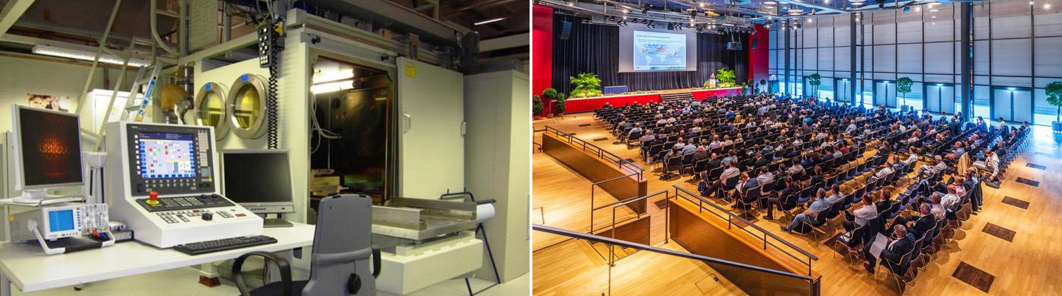 Auf dem Bild links ist die Elektronenstrahlanlage im L-Gebäude der HTW Dresden zu sehen. Das Bild rechts zeigt einen Blick in den großen Tagungsaal des Kongresszentrums in Dresden mit Teilnehmern der Internationalen Schienenfahrzeugtagung.