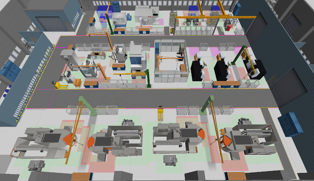 Das Bild zeigt den Blick von oben in eine Fabrikhalle. Es sind Maschinen, Trans-portwege mit Flurförderzeugen, Krane, Lagerregale und andere Betriebseinrichtungen zu sehen.