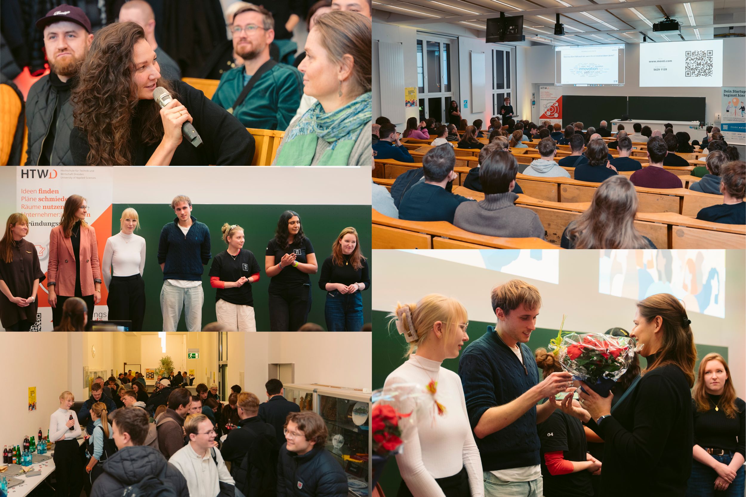 Collage Eindrücke Business Ideea Slam: Hörsaal voller Menschen, Frau mit Mikrofon, Pitchteams in Reihe aufgestellt