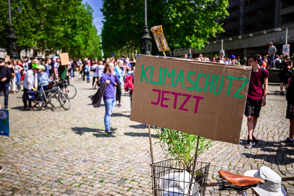 Pappschuld mit Aufschrift "Klimaschutz jetzt" im Rahmen einer Klima-Demo