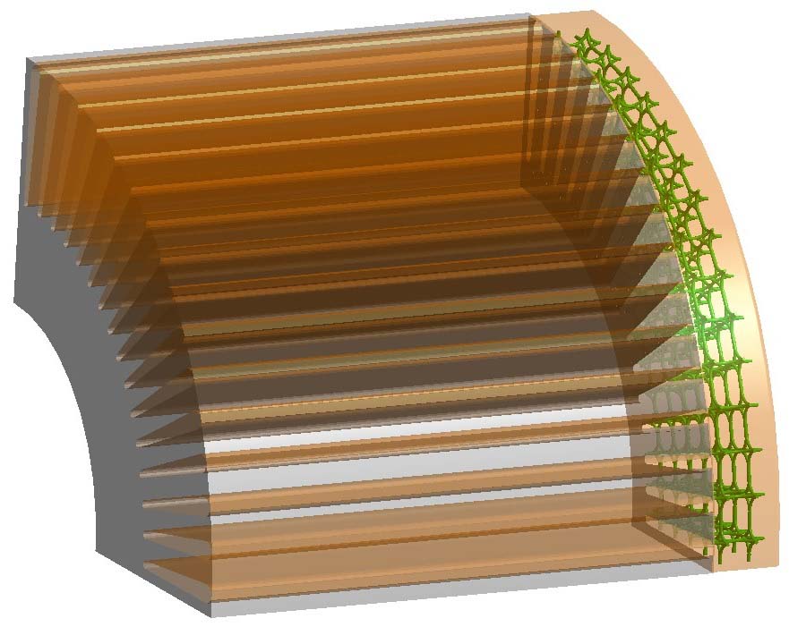 Ausschnitt eines Käfigläufers einer Asynchronmaschine mit in den Kurzschlussring eingebetteter 3D-Oktaeder-Gitterstruktur