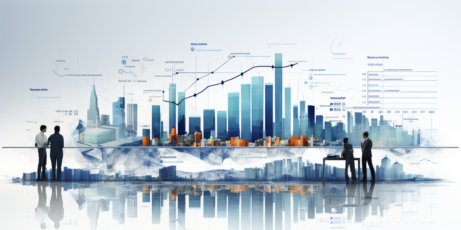 Das Bild zeigt eine stilisierte Skyline in Form eines Säulendiagramms. Davor stehen zwei Gruppen von Unternehmern an Schreibtischen.