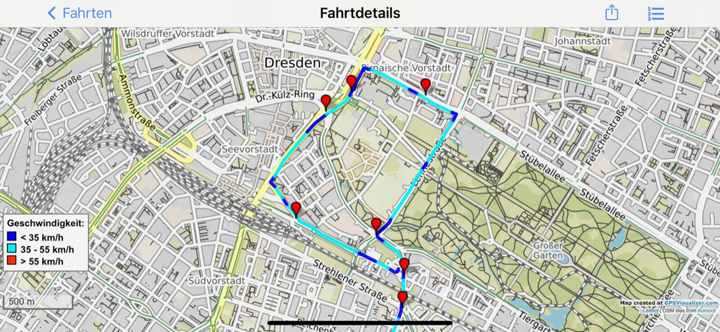 Ausschnitt einer Straßenkarte mit möglichen Gefahrenpunkten