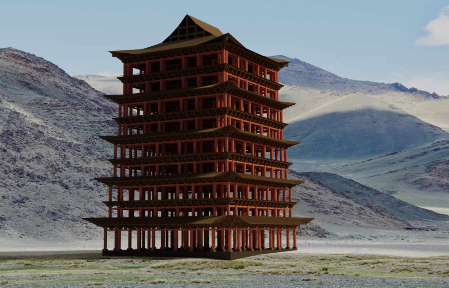 Virtuelle Rekonstruktion des Tempels der mittelalterlichen mongolischen Hauptstadt Karakorum.