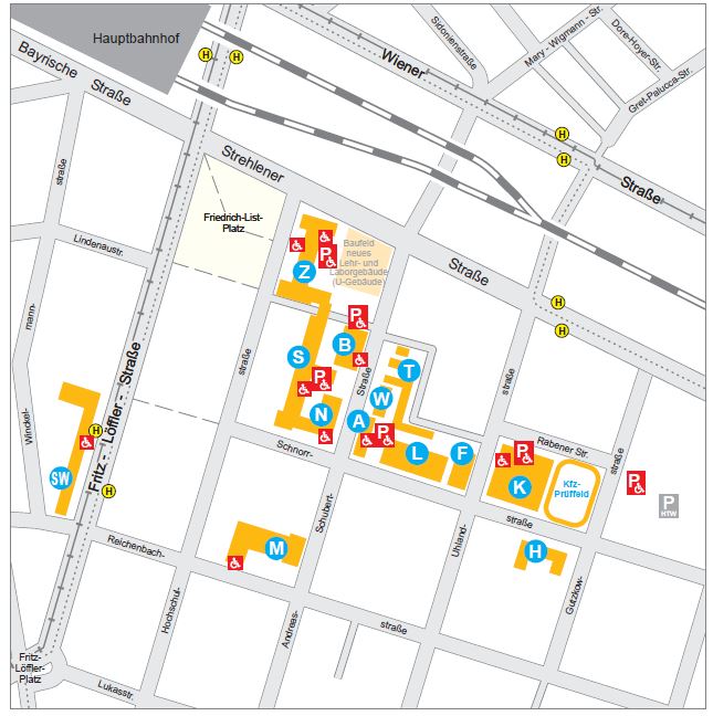 [Translate to English:] Campusplan mit Straßenführung und Gebäuden