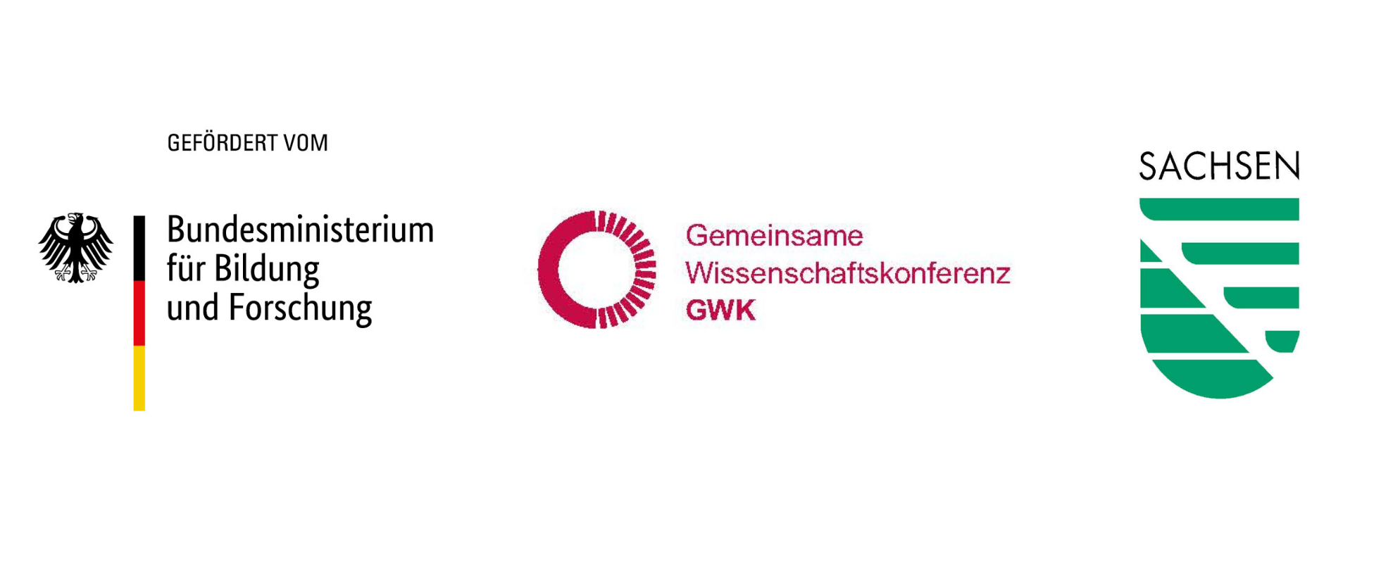 [Translate to English:] Logos des Bundesministeriums für Bildung und Forschung, der gemeinsamen Wissenschaftskonferenz (GWK) und des Freistaates Sachsen