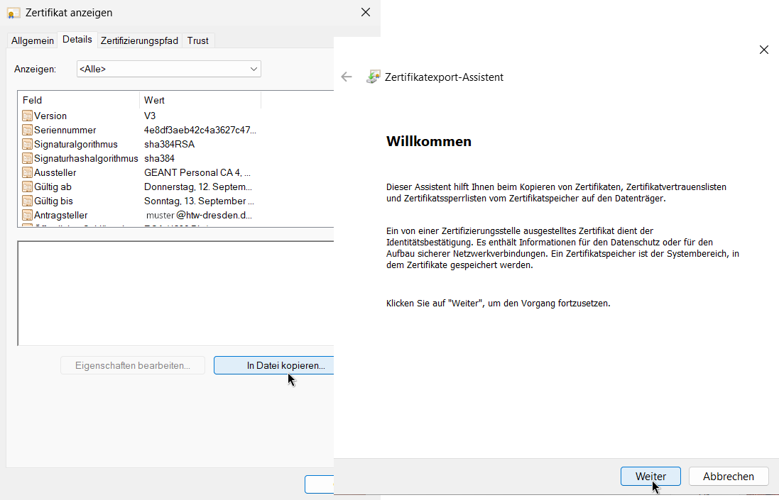 Zertifikat exportieren