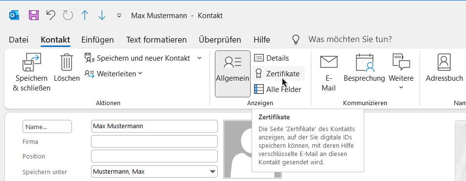 Zertifikat des Kontakts anzeigen
