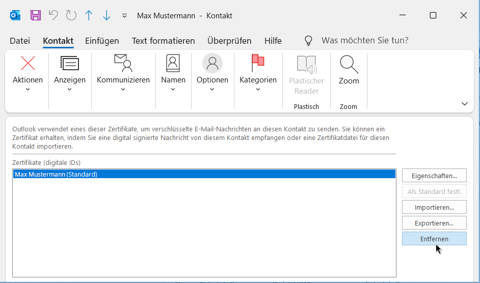 Zertifikat von Kontakt entfernen