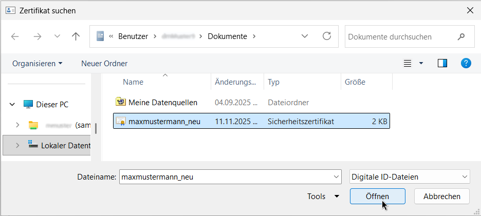Auswahl zuvor gespeichertes Zertifikat