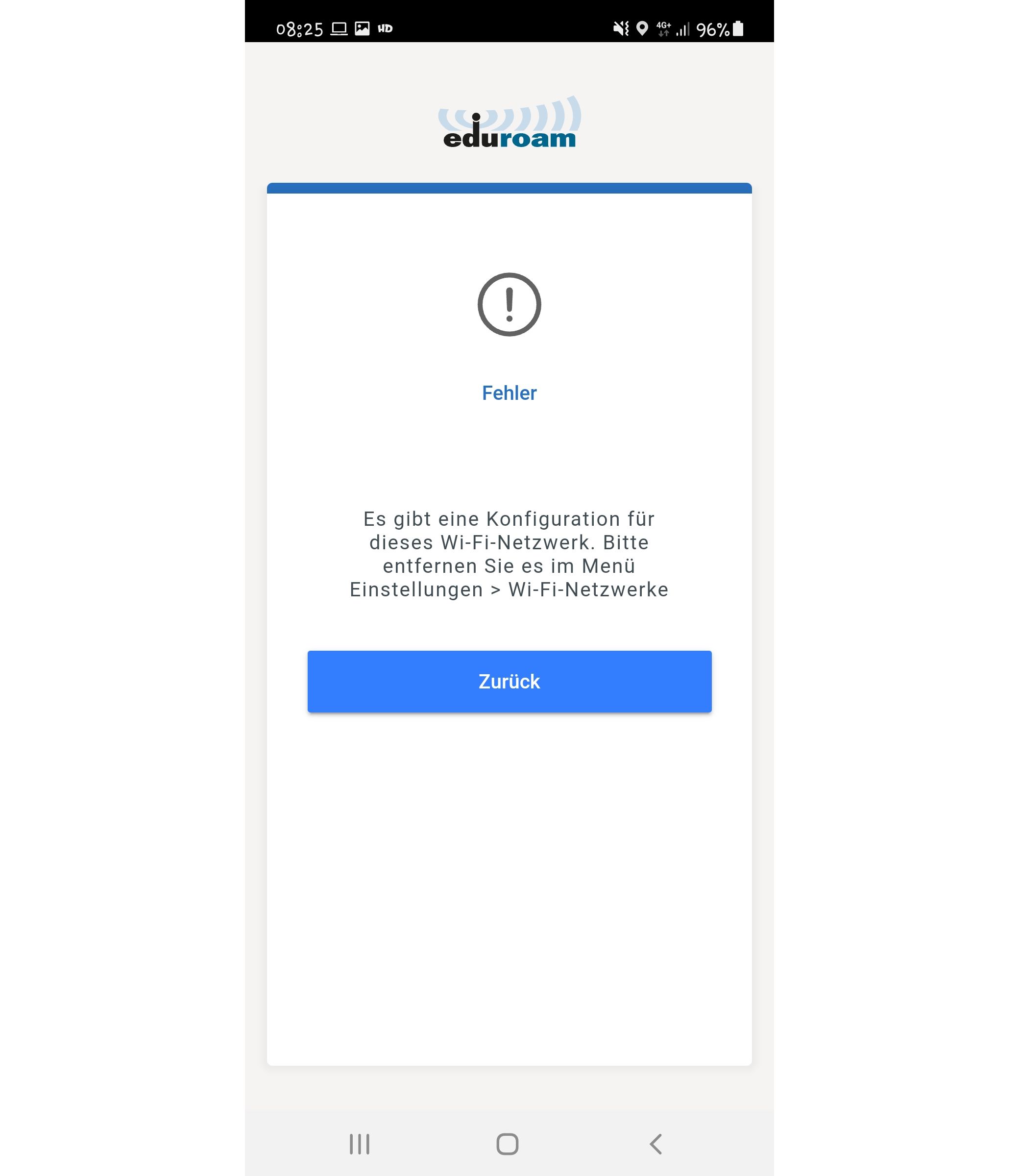 Screenshot, wenn Eduroam schon vorhanden ist.