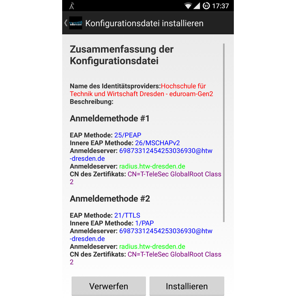 Screenshot Zusammenfassung der Konfigurationsdatei