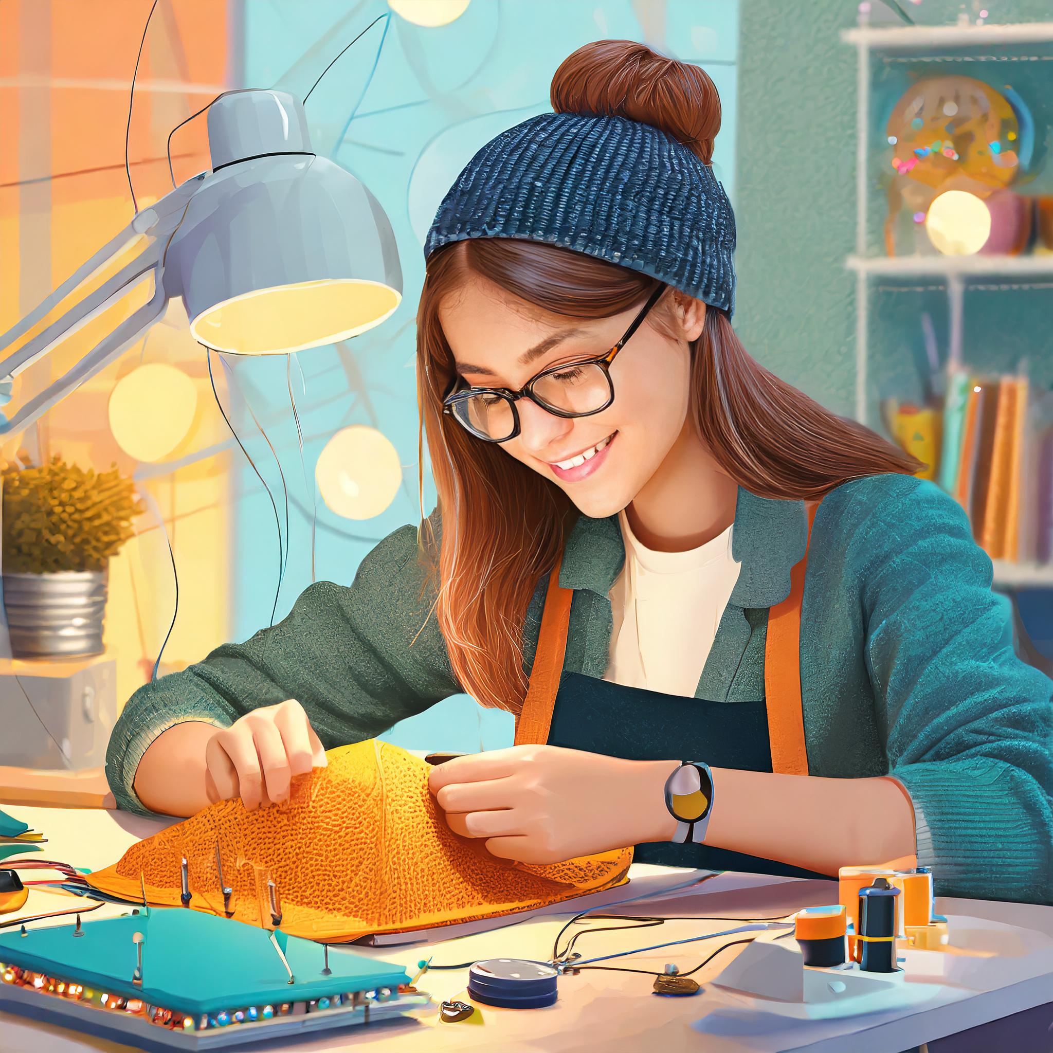 junges Mädchen näht eine Mütze. um den Arbeitsplatz liegen Mikrocontroller udn LEDs