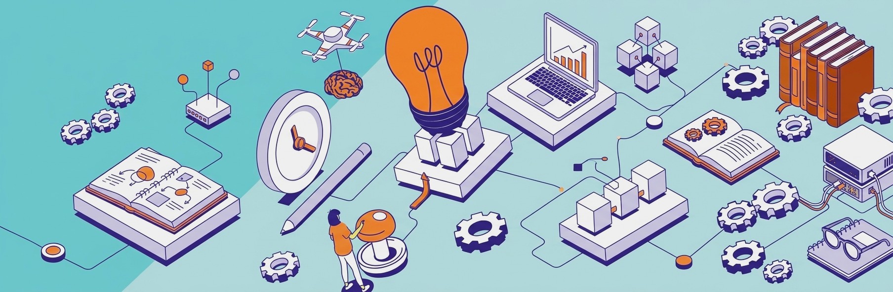 Grafik mit Symbolen zu Studium, KI, Technik und Vernetzung von Theorie und Praxis