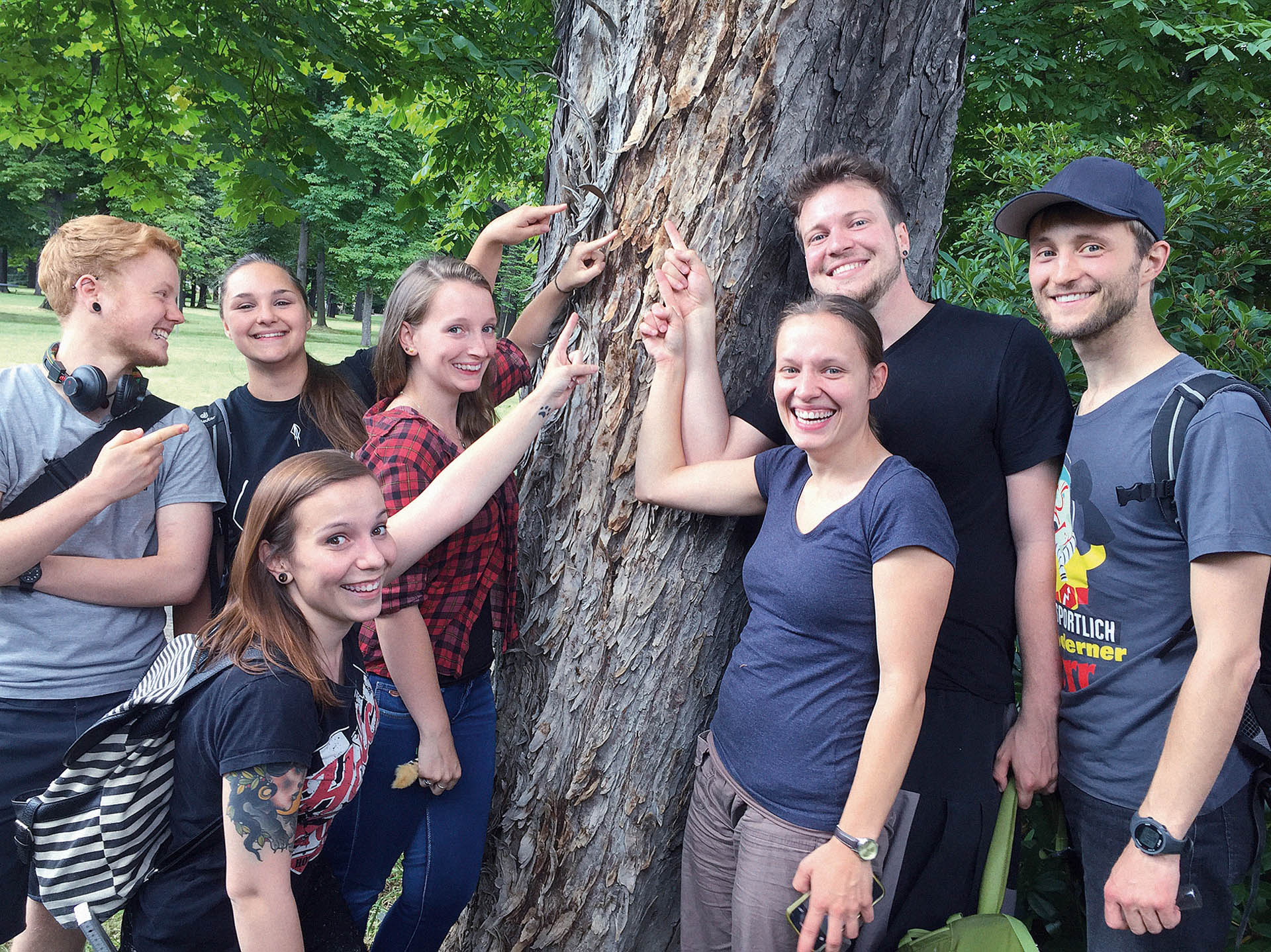 Studenten zeigen auf einen Baum