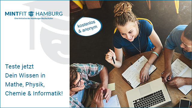 Logo MINTFIT Hamburg und Foto von Studentin mit Laptop