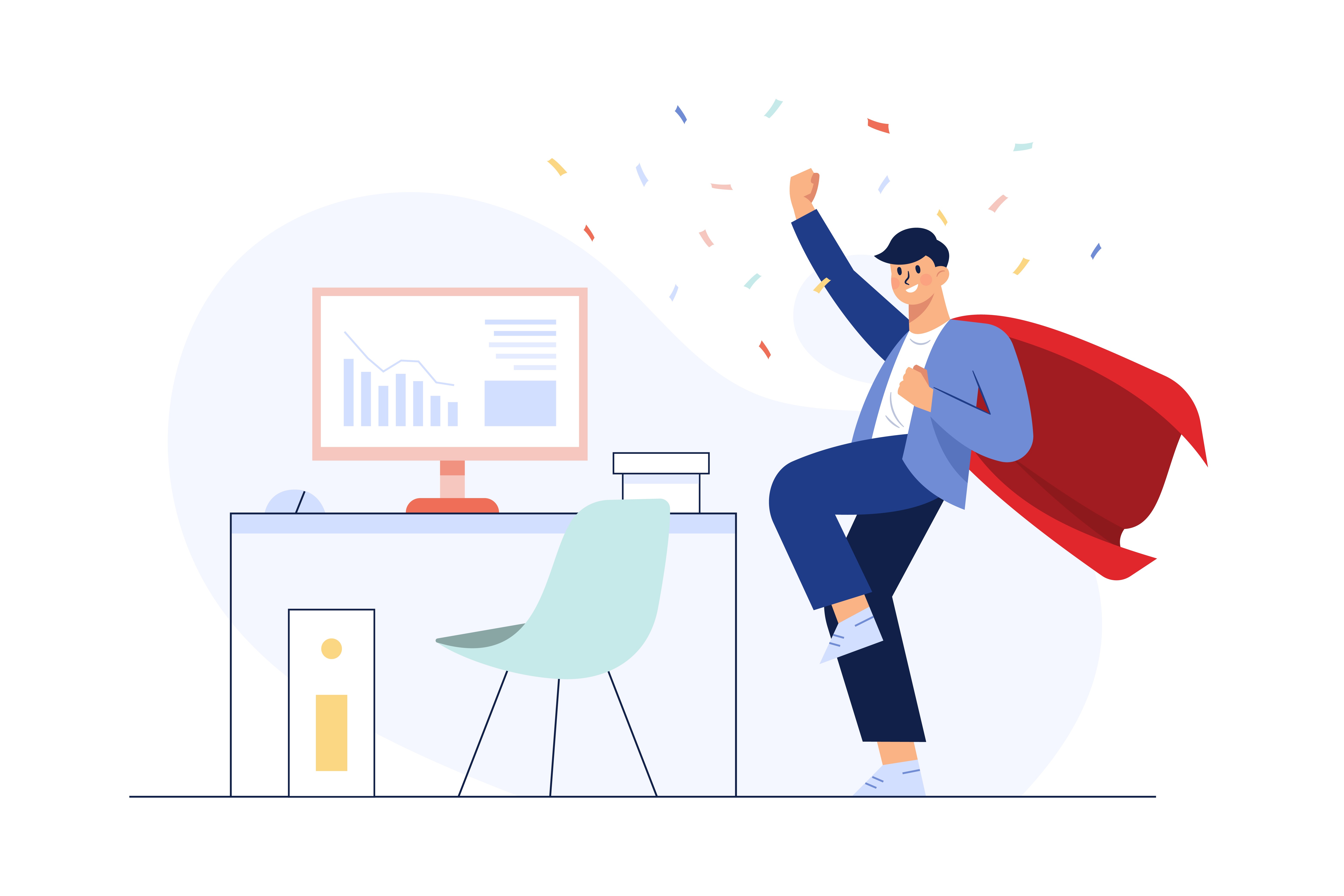 comicartige Figur mit rotem Umhang, die neben einem Schreibtisch steht und souverän die Hand nach oben streckt