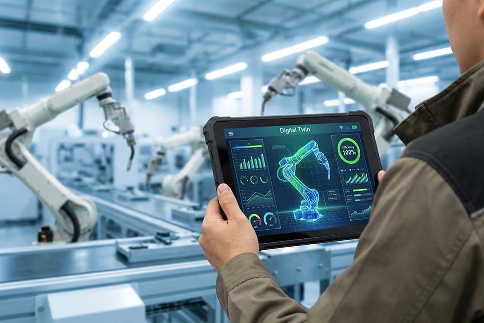 Ingenieur, der über eine Tablet-Schnittstelle in einer Digital-Twin-Simulation die industriellen Roboterarme in einer automatisierten Fabrik steuert