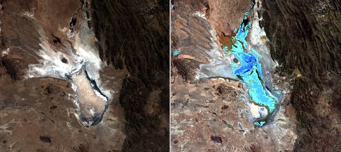 Monitoring of Lake Poopó in the Bolivian Andes (left: 2016; right: 2017 after heavy rainfall)