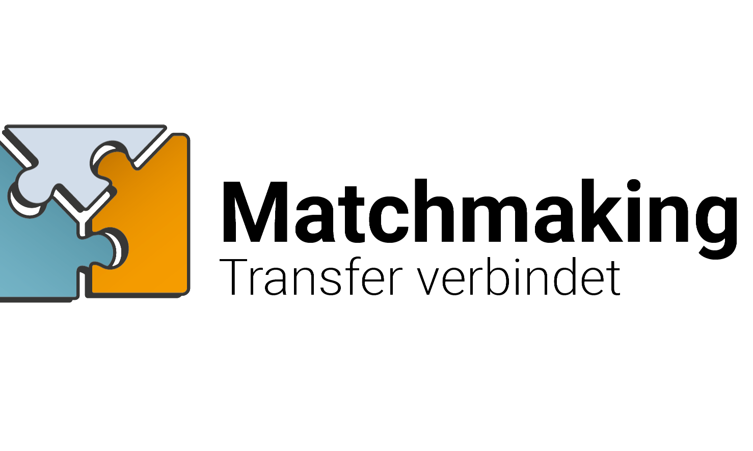 Logo des Matchmakings. Drei Puzzleteile, die ineinander greifen sowie die Wortmarke "Matchmaking. Transfer verbindet"