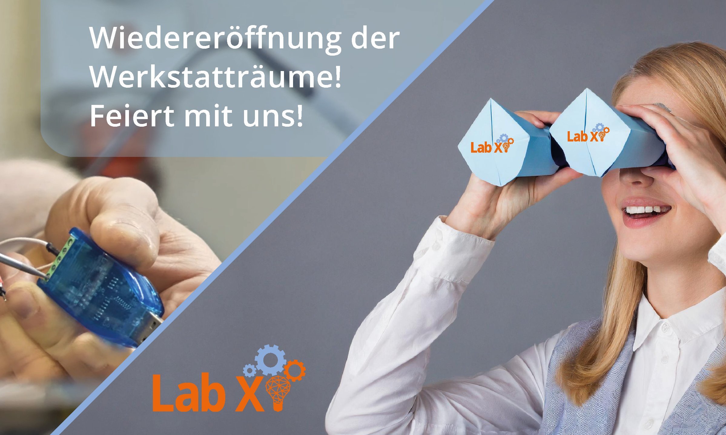 Jemand schraubt an einem USB Stick, eine Frau schaut durch ein Fernglas, Schriftzug "Wiedereröffnung Werkstatträume! Feiert mit uns!"