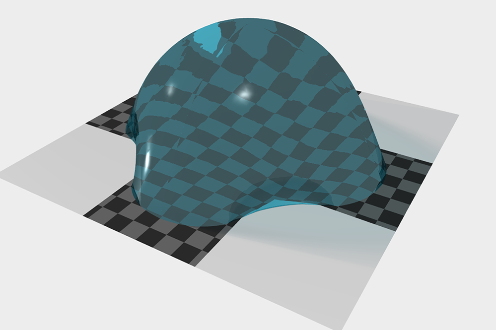 Die Darstellung zeigt die Simulation einer teils wasserabweisenden (grau), teils wasseranziehenden (gemustert) Oberfläche, die von einem Tropfen benetzt wird.