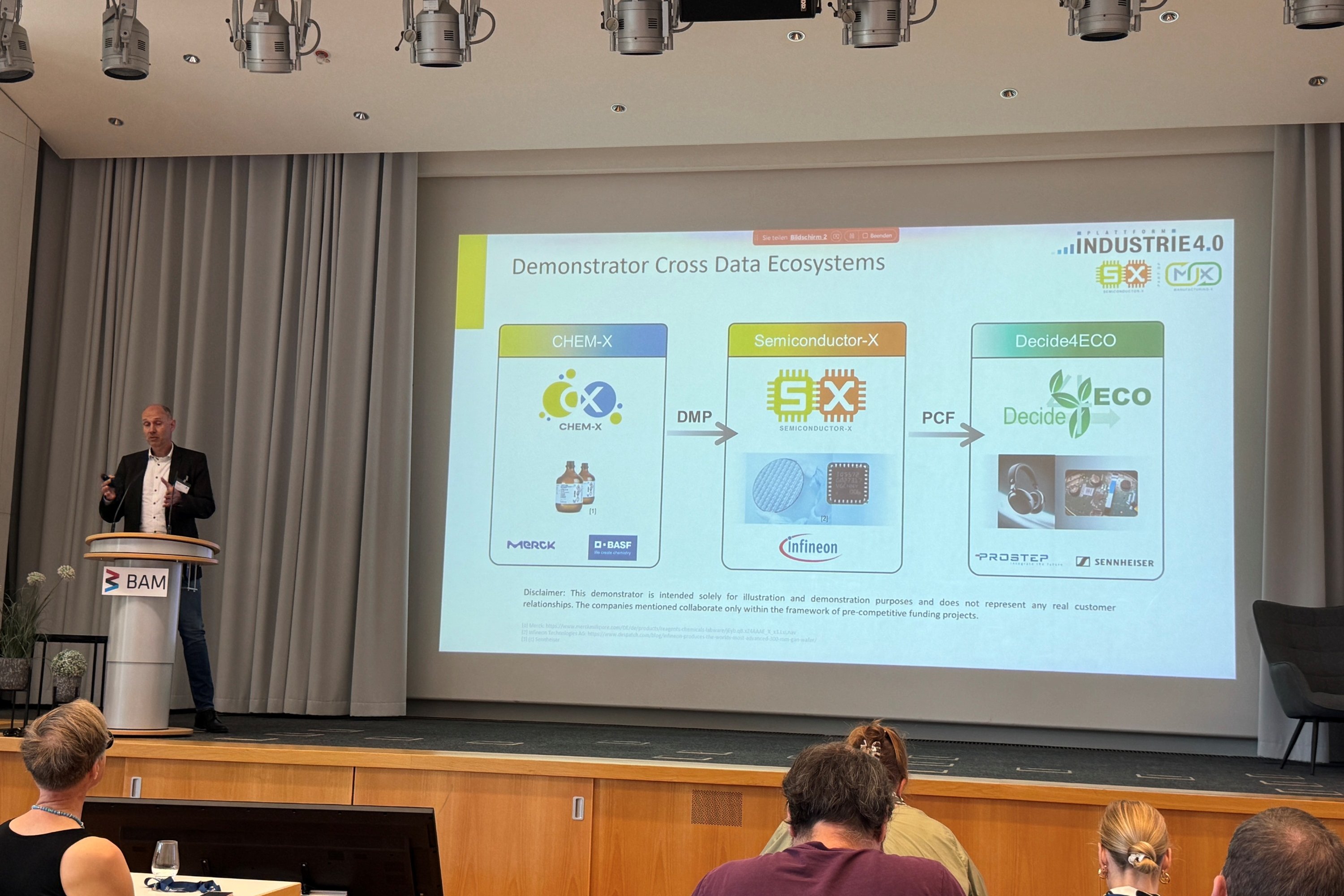 Prof. Dr. Dirk Reichelt steht an einem Pult auf einem Podium, im Hintergrund ist die Präsentation an einer Leinwand zu sehen