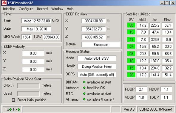 GPS-Antennen (oben) / Programmoberfläche des GPS-Receivers (unten)