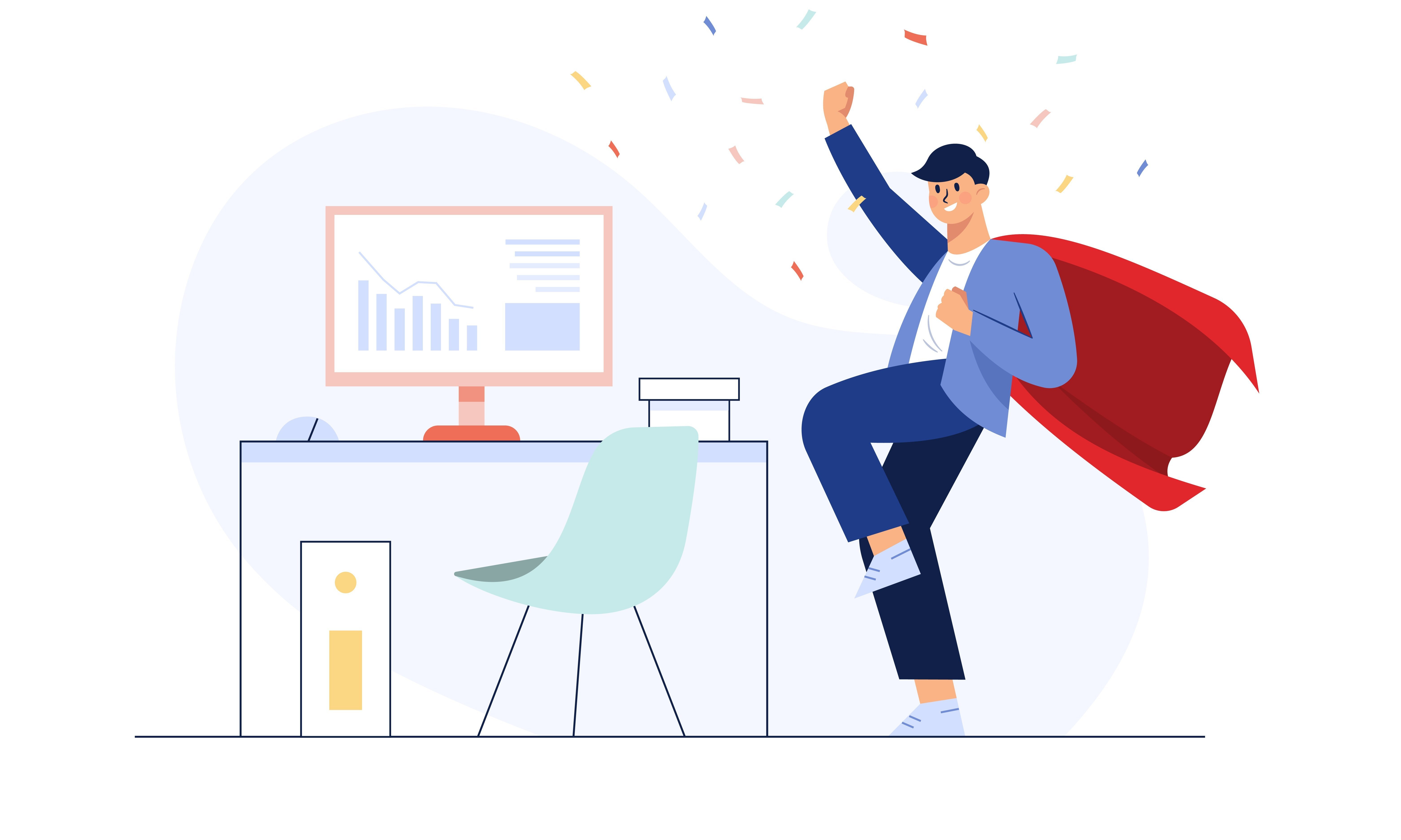 Comicartige Figur mit rotem Umhang, die nebem einem Schreibtisch steht und souverän die Hand hochstreckt