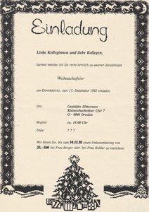 Einladung Weihnachtsfeier 1992